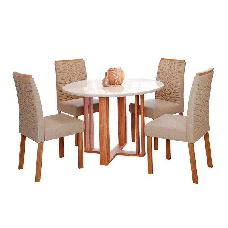 Conjunto de Mesa de Jantar Redonda Flora com 4 Cadeiras Clarice MDF e Linho Bege e Cinamomo