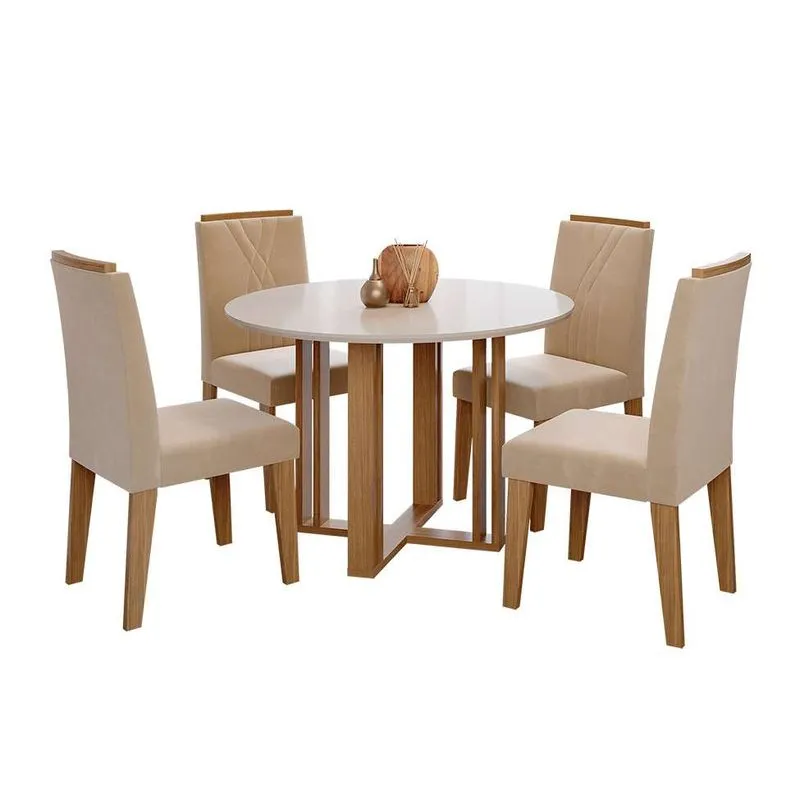 Conjunto de Mesa de Jantar Redonda com Tampo mdf Off White Flora e 4 Cadeiras Nicole Suede Nude e Nature