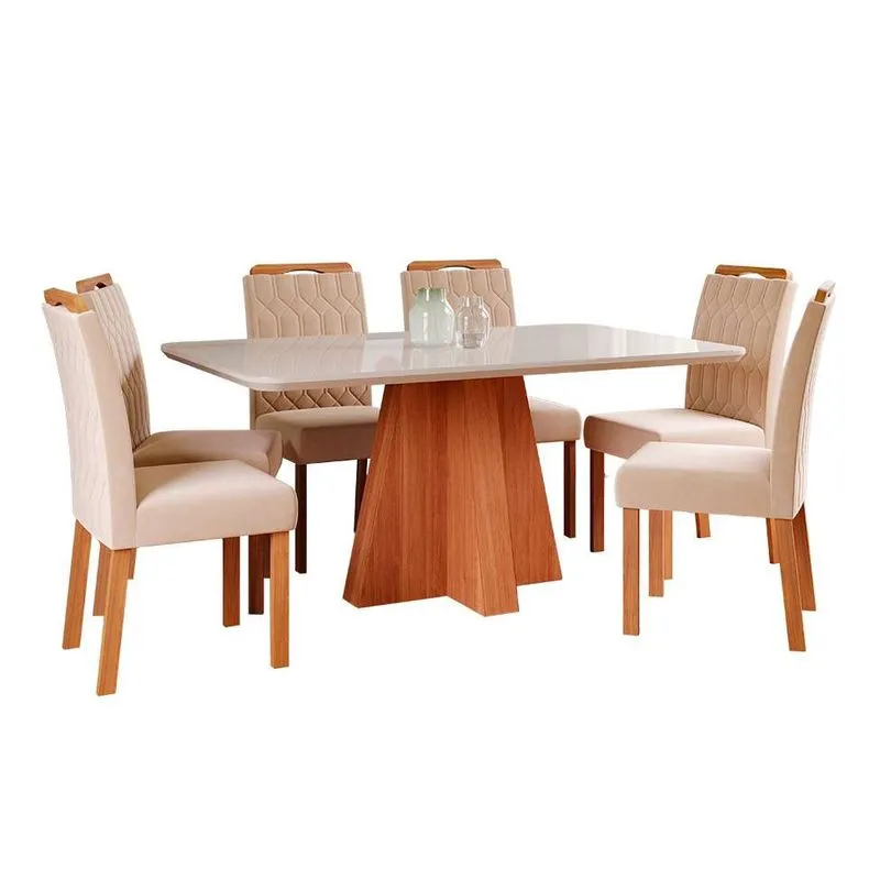 Conjunto Mesa de Jantar Maite com 6 Cadeiras Paola MDF Vidro e Suede Off White Cinamomo