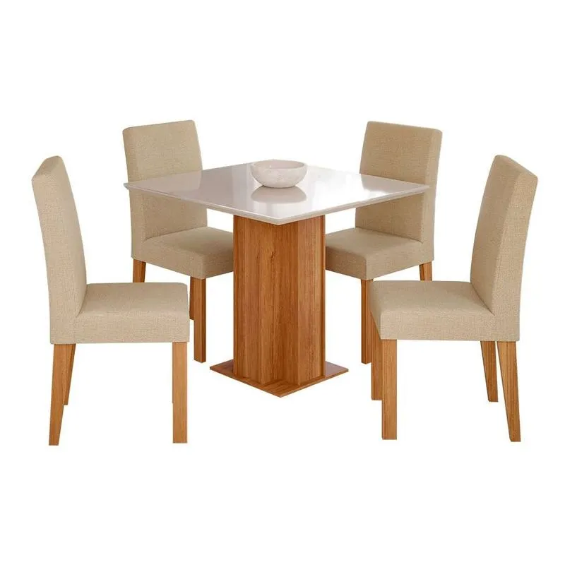 Conjunto de Mesa de Jantar Quadrada Modern Sophia MDF com Vidro e 4 Cadeiras Maia Linho Gengibre