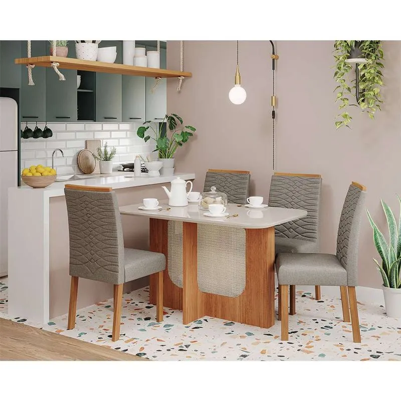Conjunto Mesa de Jantar Retangular Renata com Vidro e 4 Cadeiras Clarice Estofadas Linho Off White