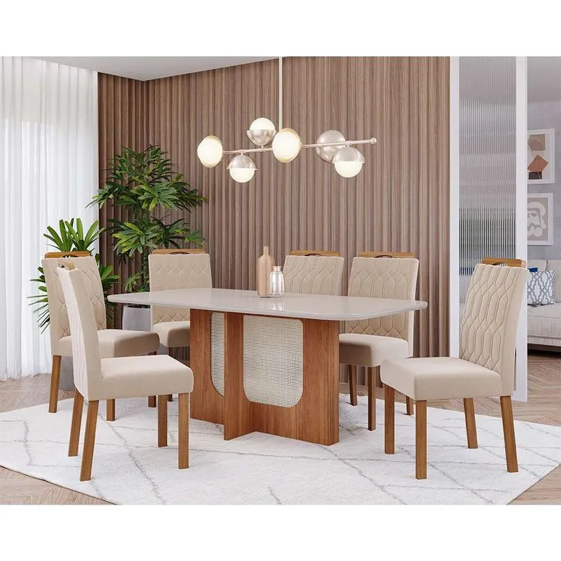 Conjunto de Mesa de Jantar Retangular com Vidro Renata e 6 Cadeiras Clarice Linho Nude e Cinamomo