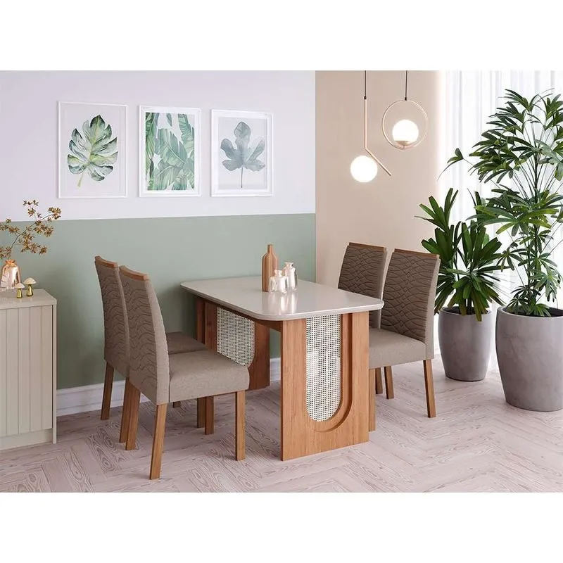 Conjunto de Mesa de Jantar Modern Letícia e 4 Cadeiras Clarice MDF e Vidro Off White e Cinamomo