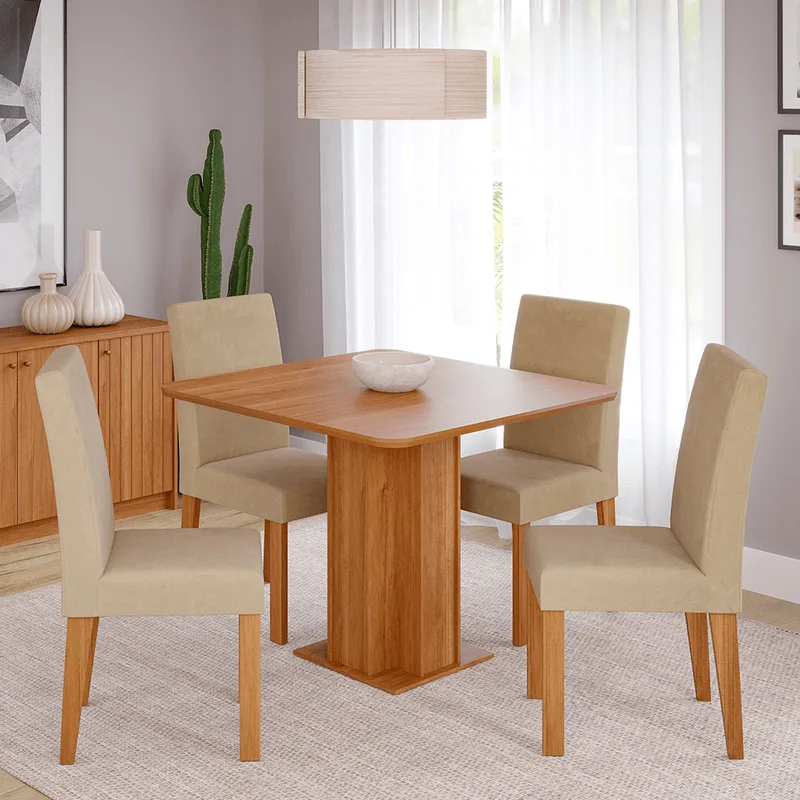 Conjunto de Jantar Cimol 95X95cm Leticia com 4 cadeiras Maia Cinamomo/Suede Marfim Cinamomo/Sued Marfim