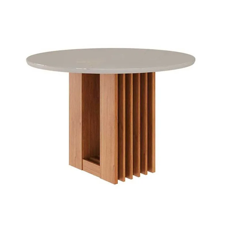 Mesa de Sala Jantar Ariela c/ Tampo Madeirado Redondo c/ Vidro 109x109cm Cinamomo/Off White - Cimol