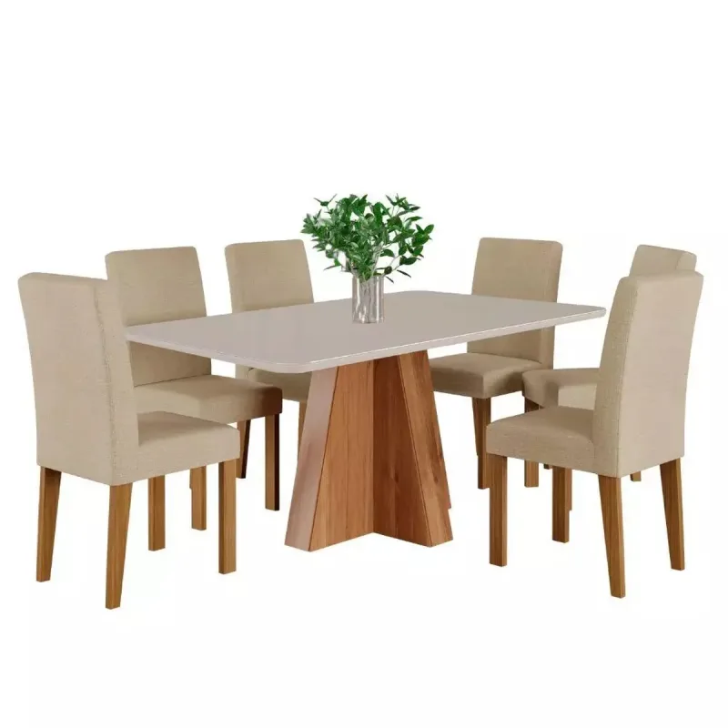 Conjunto Mesa Larissa Cimol 6 Cadeiras Tampa de Vidro Cinamomo/Off White