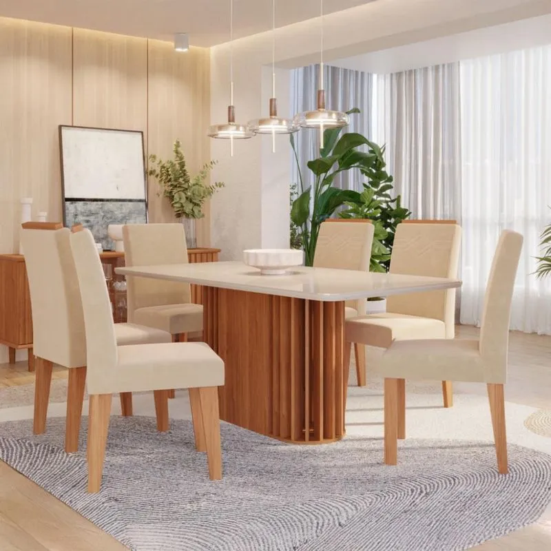 Conjunto de Mesa de Jantar com Vidro Julieta e 6 Cadeiras Tais e Maia MDF Suede Bege