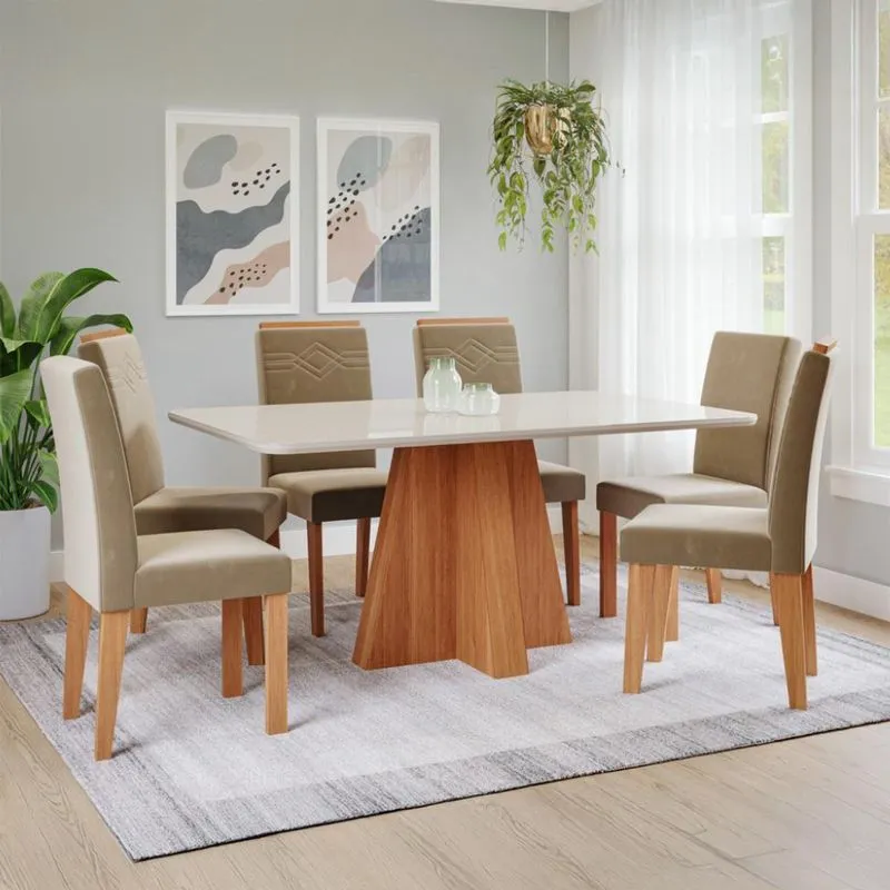 Conjunto de Mesa e Cadeiras de Jantar Maitê Tais e Maia MDF com Vidro Off White 6 Lugares