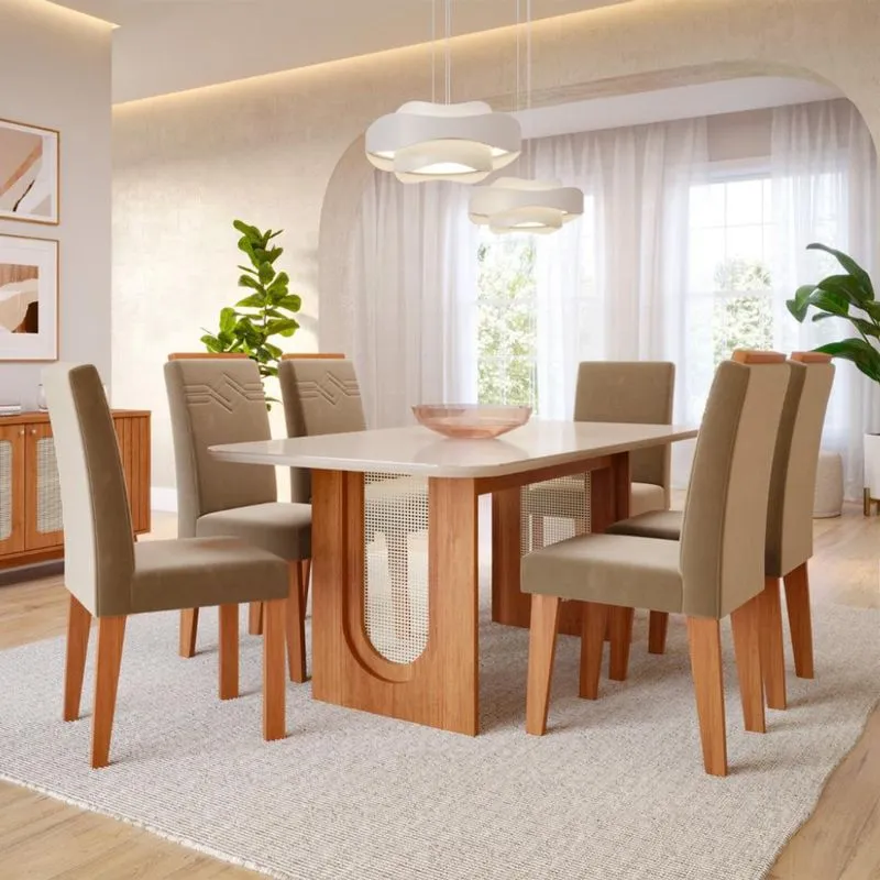 Conjunto de Mesa de Jantar Valentina com 6 Cadeiras Tais e Maia MDF e Vidro Off White Suede Joli