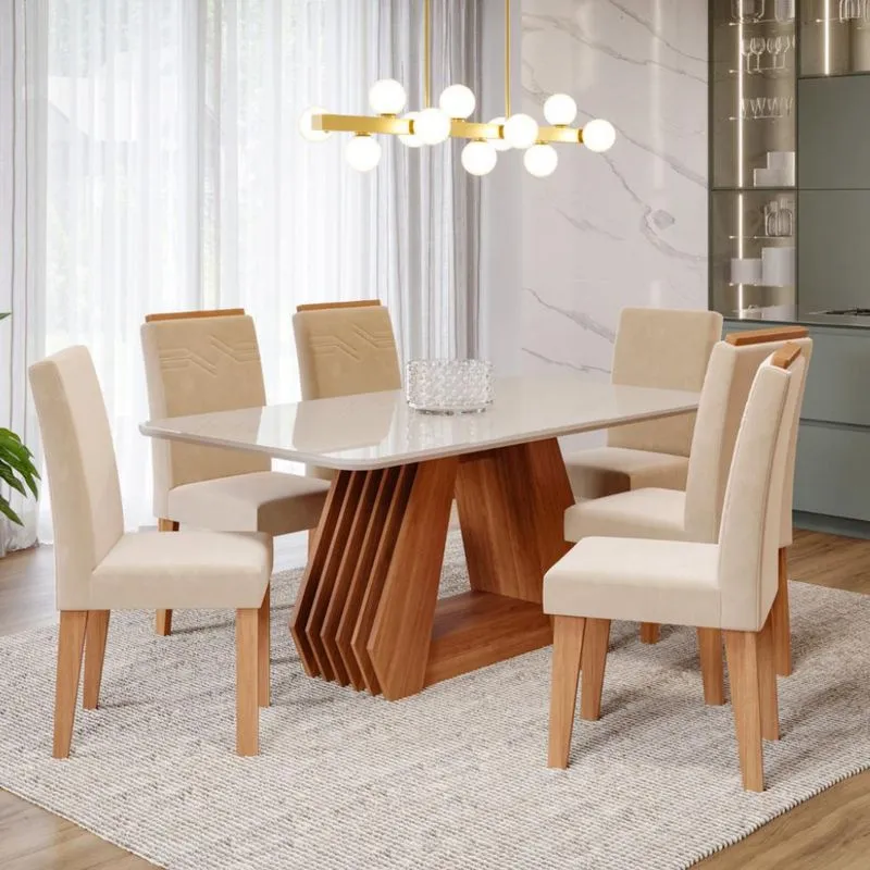 Conjunto de Mesa de Jantar com 6 Cadeiras Agata Tais e Maia MDF Vidro e Suede Off White