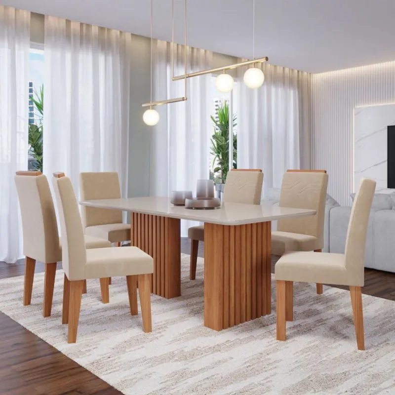 Conjunto de Mesa Retangular Ester com 6 Cadeiras Tais e Maia MDF Vidro e Suede Bege