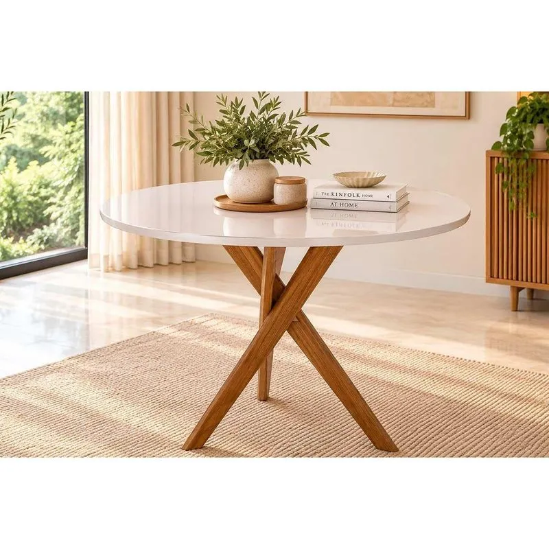 Mesa Jantar Cacau Madeira C/vidro 109cm Madeira/off Cimol