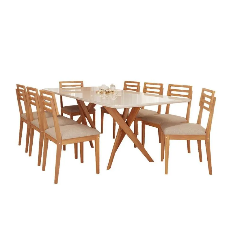 Conjunto de Mesa Retangular com Tampo de Vidro e 8 Cadeiras Juparanã Madeira e Linho Off White Grafite