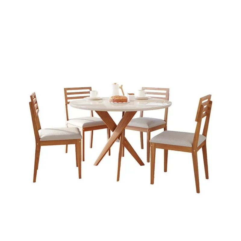 Conjunto de Mesa Redonda com Tampo de Vidro Cacau e 4 Cadeiras Juparanã Madeira e Linho Off White
