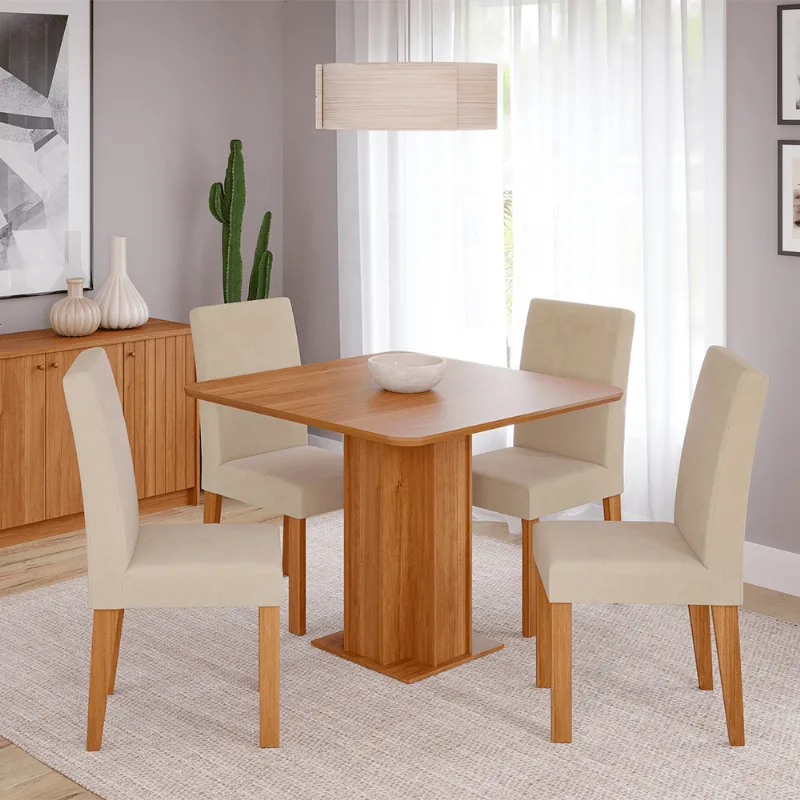 Conjunto de Jantar Cimol 95X95cm Leticia com 4 cadeiras Maia Cinamomo/Nude Cinamomo/Nude