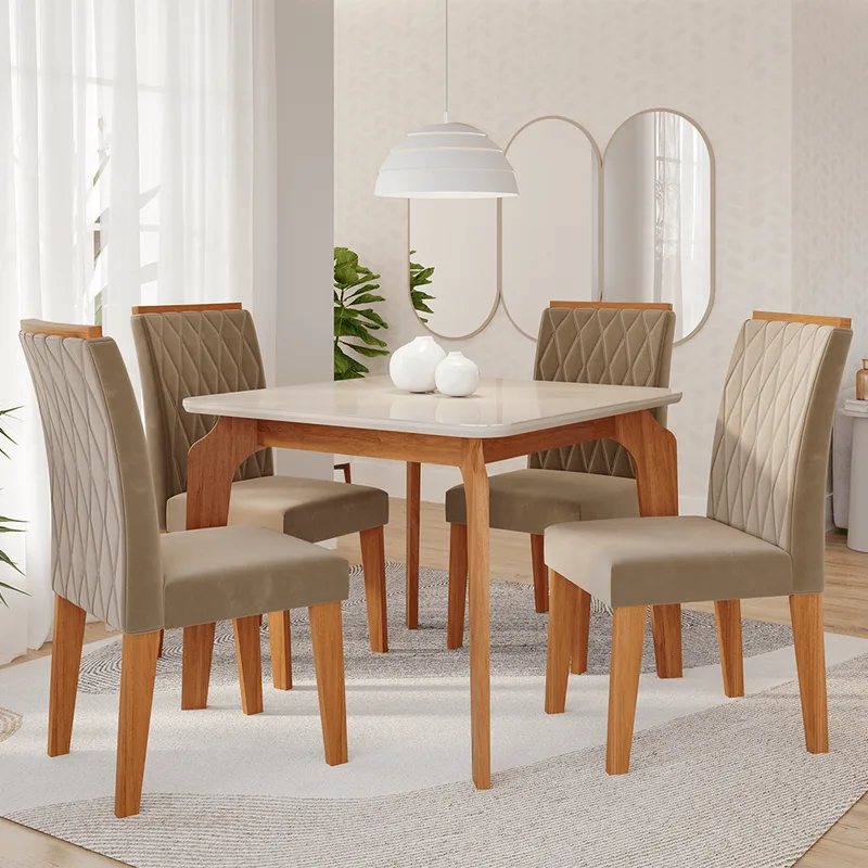 Conjunto de Jantar Cimol 95X95cm Talita com 4 cadeiras Lorena Cinamomo/Joli Off White/Cinamomo/Joli
