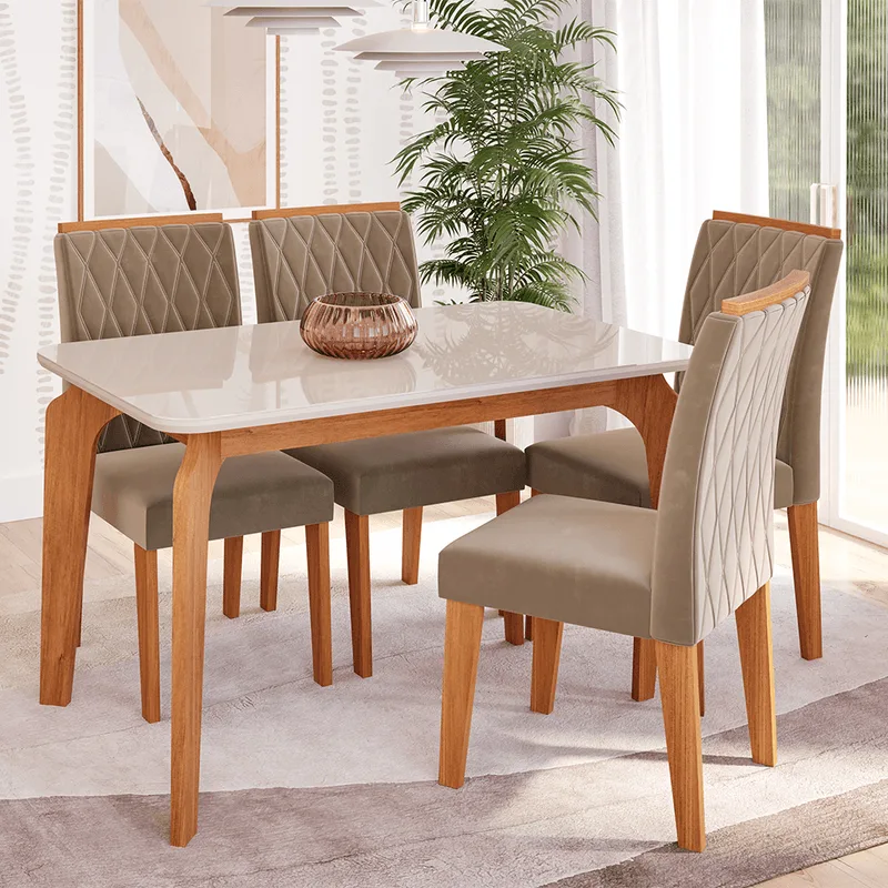 Conjunto de Jantar Cimol 130X80cm Talita com 4 cadeiras Lorena Cinamomo/Joli Off White/Cinamomo/Joli