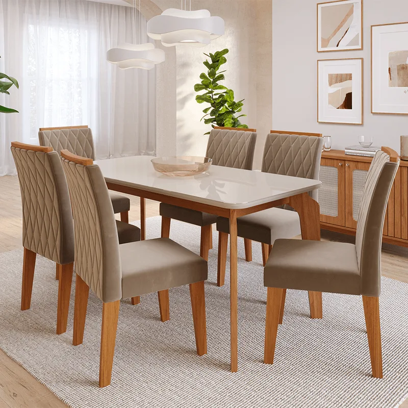Conjunto de Jantar Cimol 160X80cm Talita com 6 cadeiras Lorena Cinamomo/Joli Off White/Cinamomo/Joli