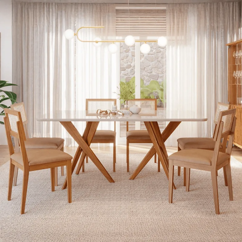 Conjunto de Jantar Cimol 180x90cm Cacau com 6 Cadeiras Palmas Off White/Madeira/Kaki Mesa