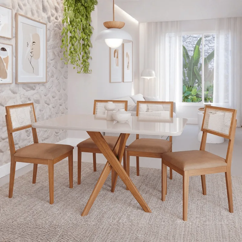 Conjunto de Jantar Cimol 130x80cm Cacau com 4 Cadeiras Palmas Off White/Madeira/Kaki