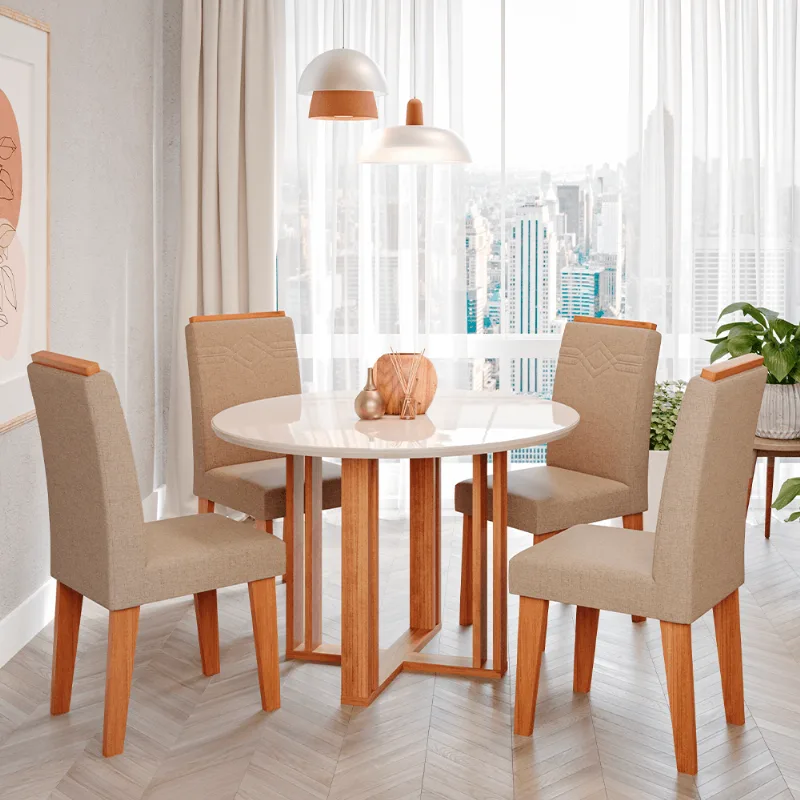 Conjunto de Jantar Cimol 109x109cm Flora com 4 Cadeiras Clarice Cinamomo/Off White/Bege