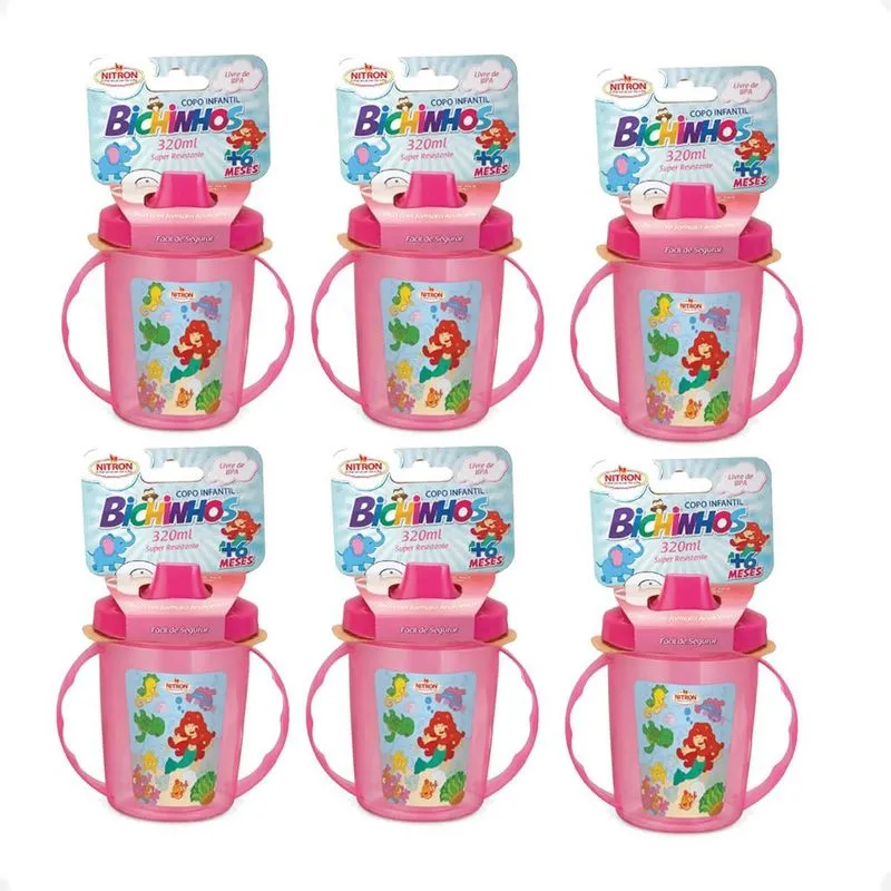 Kit 6 Copo Infantil Com Alças/bico 320ml 6 Meses Rosa