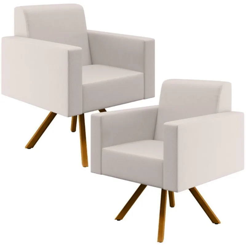 Kit 02 Poltronas Base Giratória De Madeira Helô L02 Cru