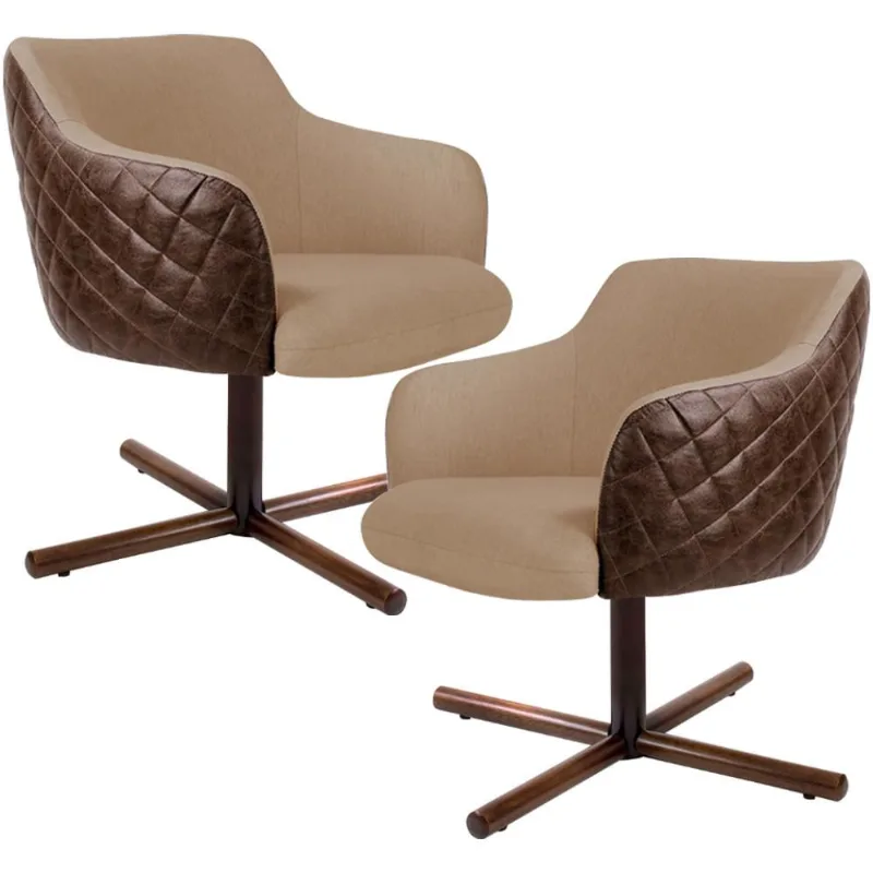 Kit 02 Poltronas Decorativa Giratória Base X Jade D02 Linho Bege C-129 Tressê Corano Marrom - Lyam Decor - Lyam Decor