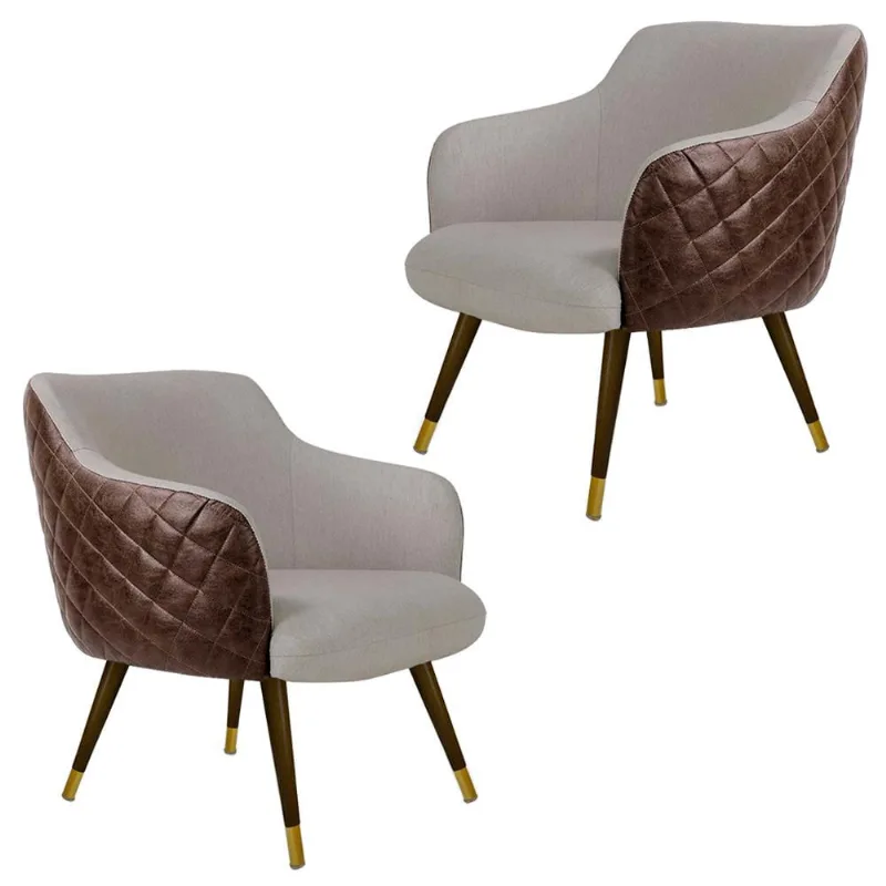 Kit 2 Poltronas Pé Palito Duo New Bronze Jade D02 Linho Bege C-107 Tressê Corano Marrom - Lyam Decor