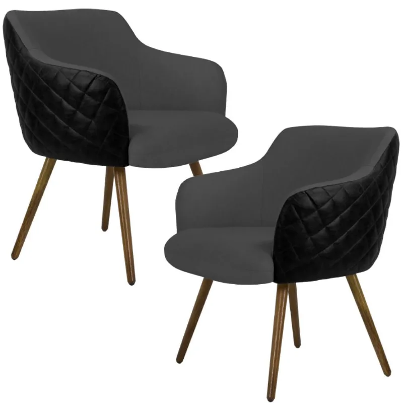 Kit 02 Poltronas Decorativas Pés Palito Jade D02 Linho Cinza C-416 Tressê Corano Preto - Lyam Decor