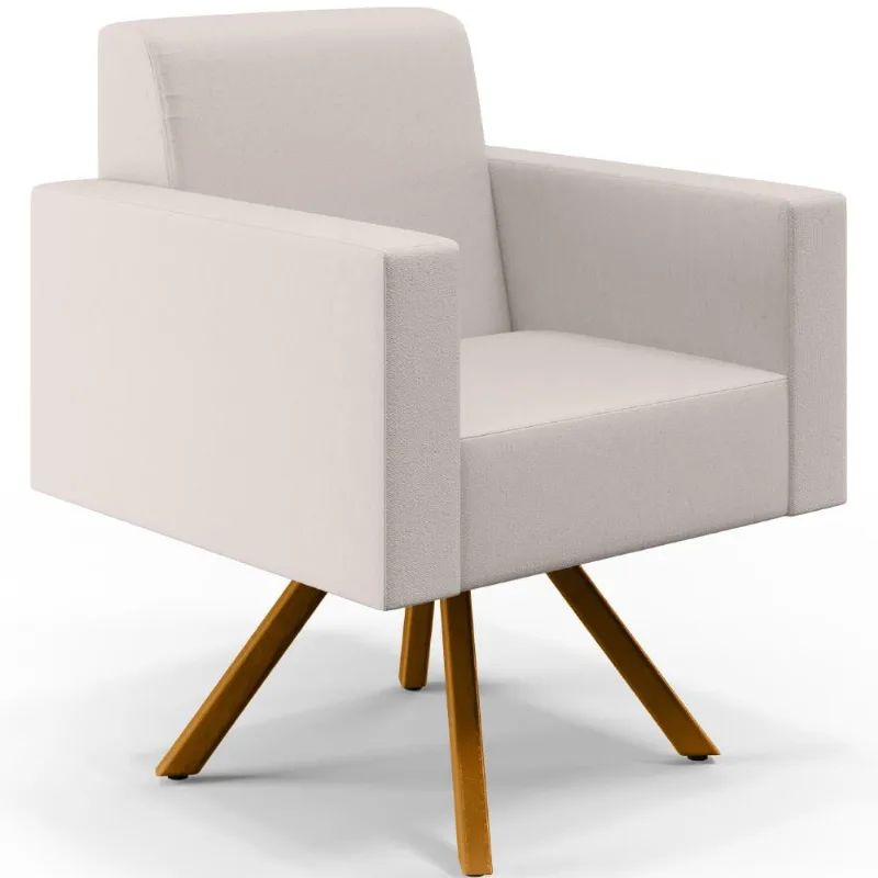 Poltrona Decorativa Base Giratória de Madeira Helô L02 Linho Cru - Lyam Decor