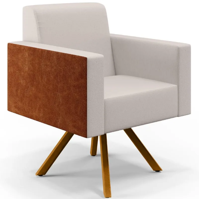 Poltrona Decorativa Base Giratória de Madeira Helô L02 Linho Cru Couríssimo Camel - Lyam Decor