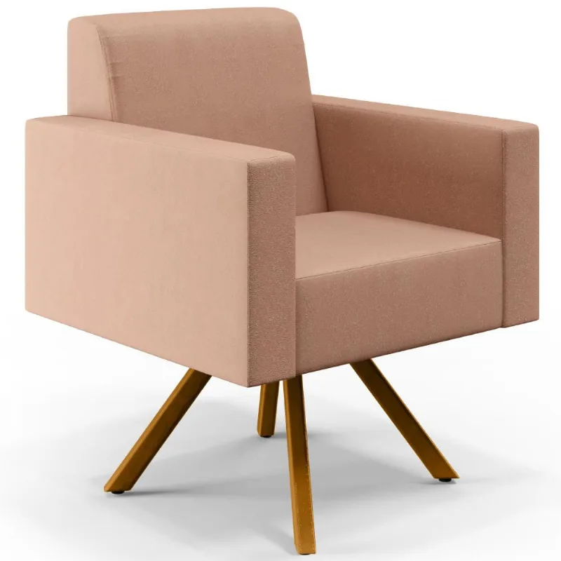 Poltrona Decorativa Base Giratória de Madeira Helô L02 Linho Rosê - Lyam Decor