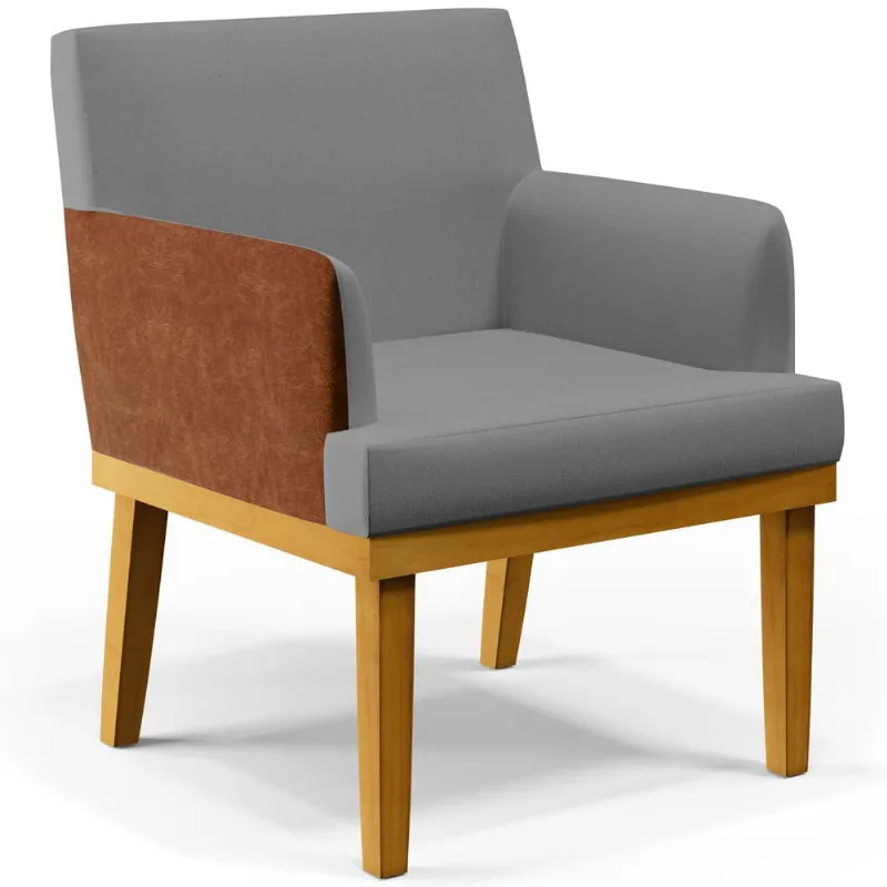 Poltrona Decorativa Para Sala de Estar Beatriz W01 Linho Cinza Escuro Couríssimo Camel - Lyam Decor