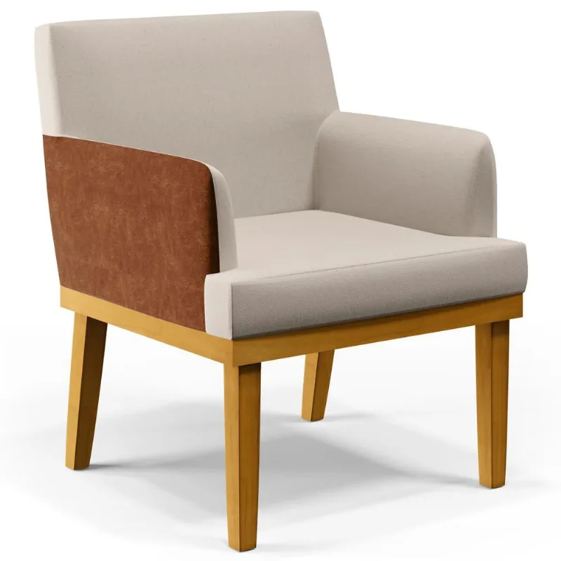 Poltrona Decorativa Para Sala de Estar e Recepção Beatriz W01 Linho Cru Couríssimo Camel - Lyam Decor