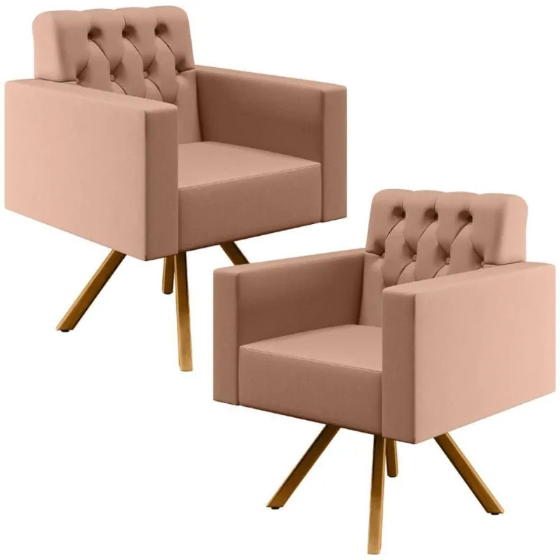Kit 02 Poltronas Giratórias Capitonê Linho Rosê