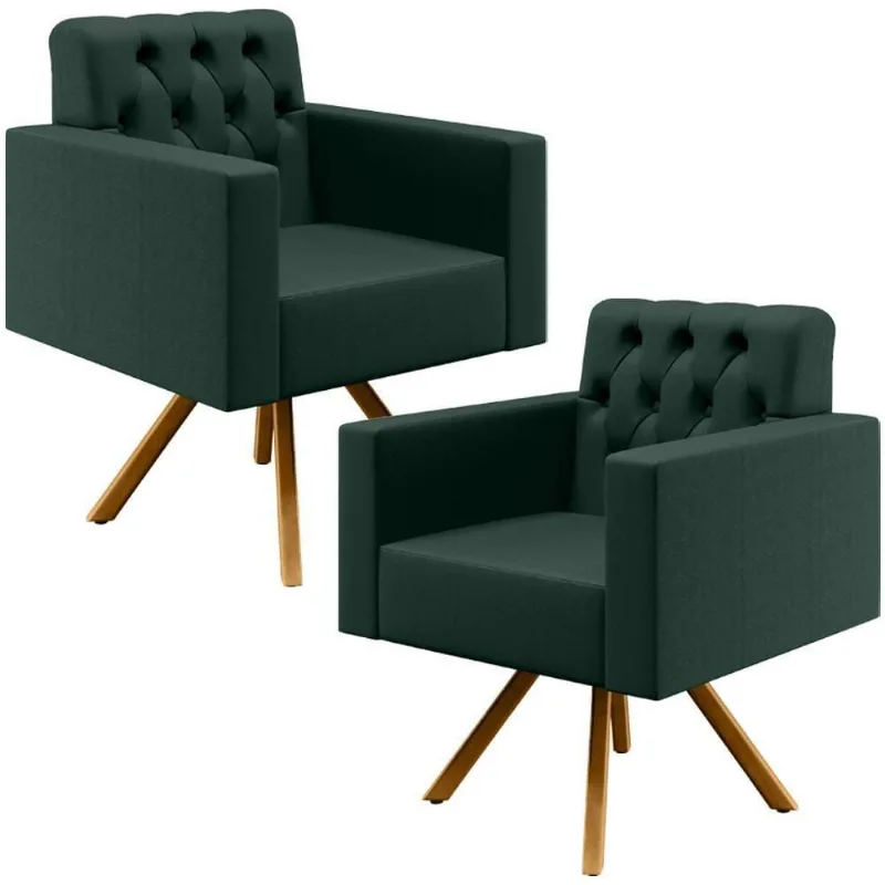 Kit 02 Poltronas Giratórias Capitonê Linho Verde Musgo