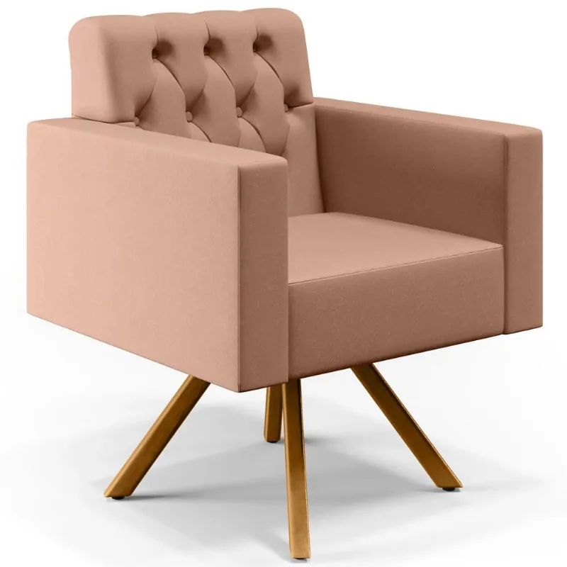 Poltrona Decorativa Giratória Base de Madeira Manu L02 Capitonê Linho Rosê - Lyam Decor