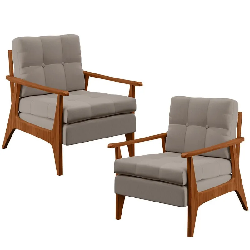 Kit 02 Poltronas Decorativas Para Sala de Estar Encosto Ripado Emília B04 Linho Bege - Lyam Decor - Lyam Decor