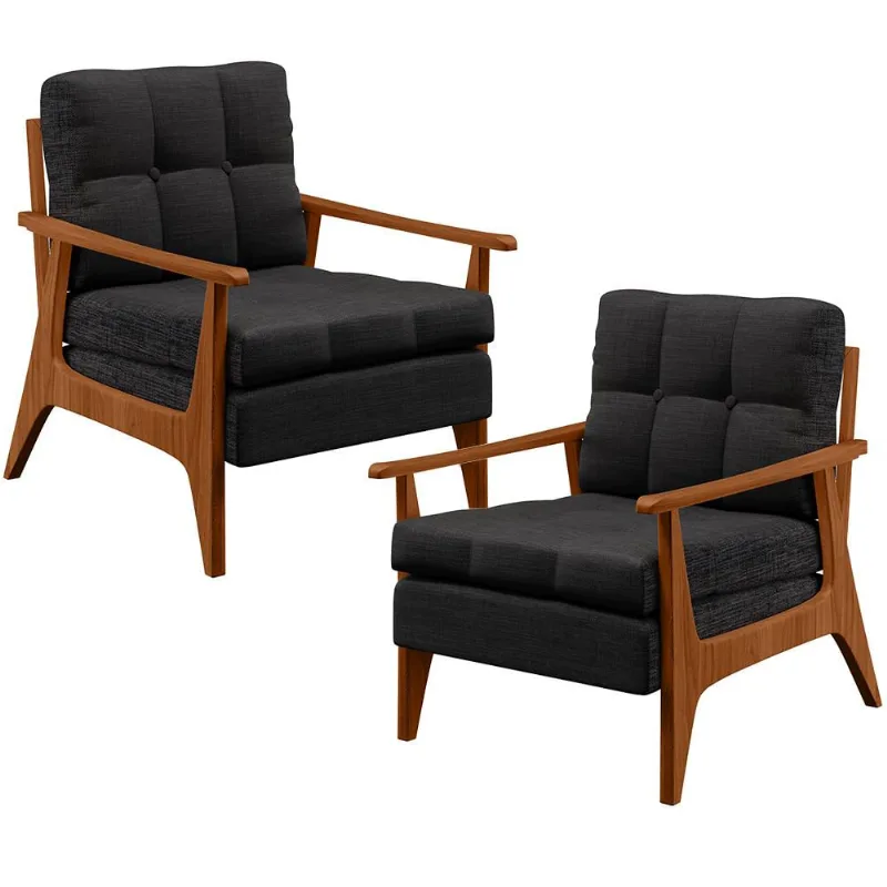 Kit 02 Poltronas Decorativas Para Sala de Estar Encosto Ripado Emília B04 Linho Chumbo - Lyam Decor - Lyam Decor