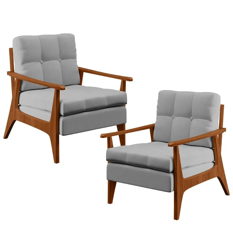 Kit 02 Poltronas Decorativas Para Sala de Estar Encosto Ripado Emília B04 Linho Cinza - Lyam Decor - Lyam Decor