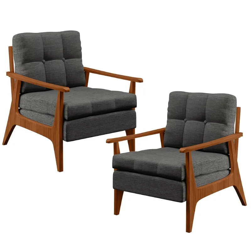 Kit 02 Poltronas Decorativas Sala Estar Encosto Ripado Emília B04 Linho Cinza Escuro - Lyam Decor - Lyam Decor