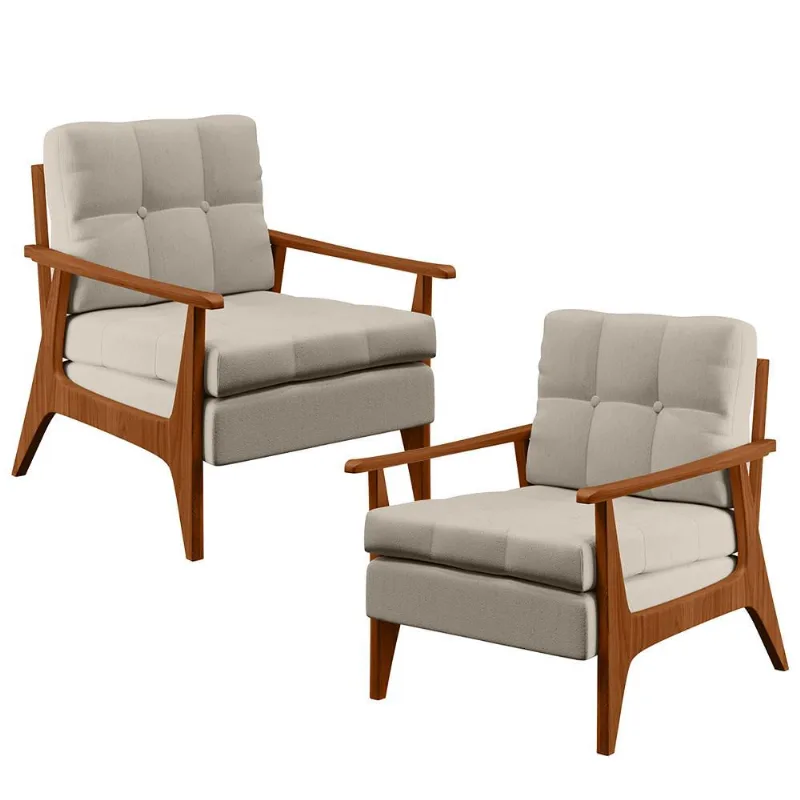 Kit 02 Poltronas Decorativas Para Sala de Estar Encosto Ripado Emília B04 Linho Cru - Lyam Decor - Lyam Decor