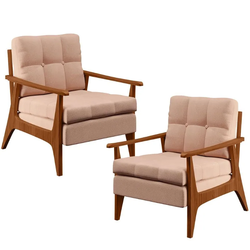 Kit 02 Poltronas Decorativas Para Sala de Estar Encosto Ripado Emília B04 Linho Rosê - Lyam Decor - Lyam Decor