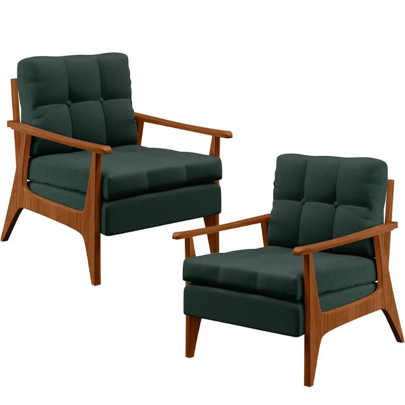 Kit 02 Poltronas Decorativas Sala de Estar Encosto Ripado Emília B04 Linho Verde Musgo - Lyam Decor