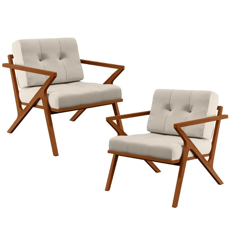 Kit 02 Poltronas Decorativas Sala de Estar com Cintas de Corano Laís B04 Linho Cru - Lyam Decor - Lyam Decor