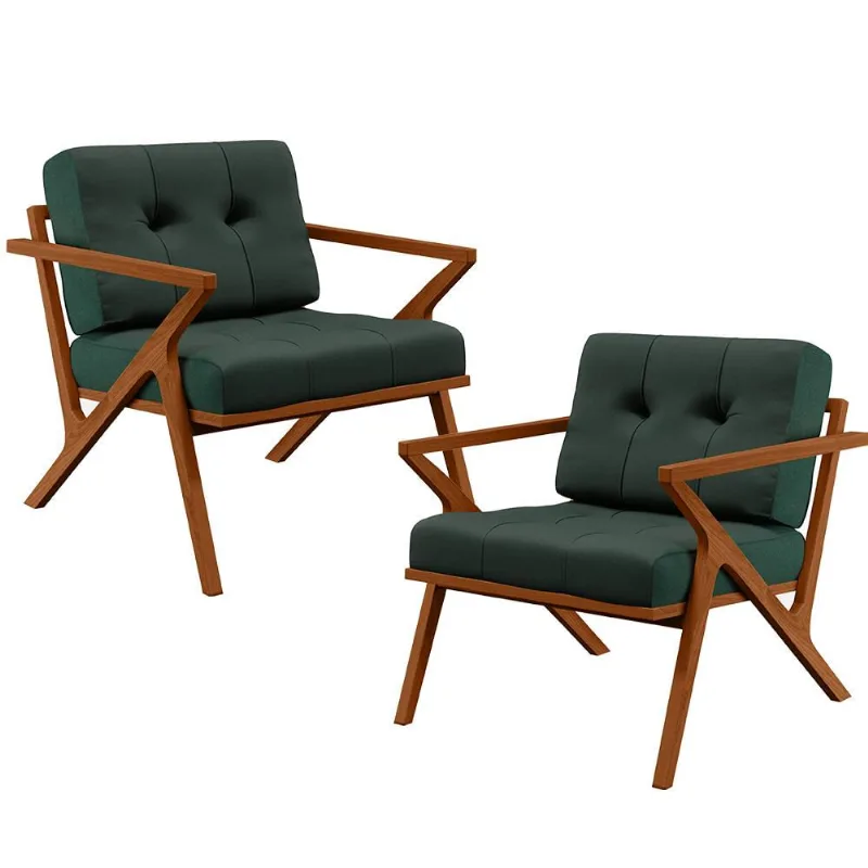 Kit 02 Poltronas Decorativas Sala de Estar com Cintas de Corano Laís B04 Linho Verde Musgo - Lyam Decor - Lyam Decor