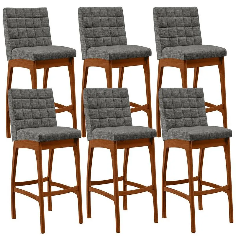 Kit 06 Banquetas Altas Para Cozinha Sala de Jantar Fixa Mila B04 Linho Cinza Escuro - Lyam Decor