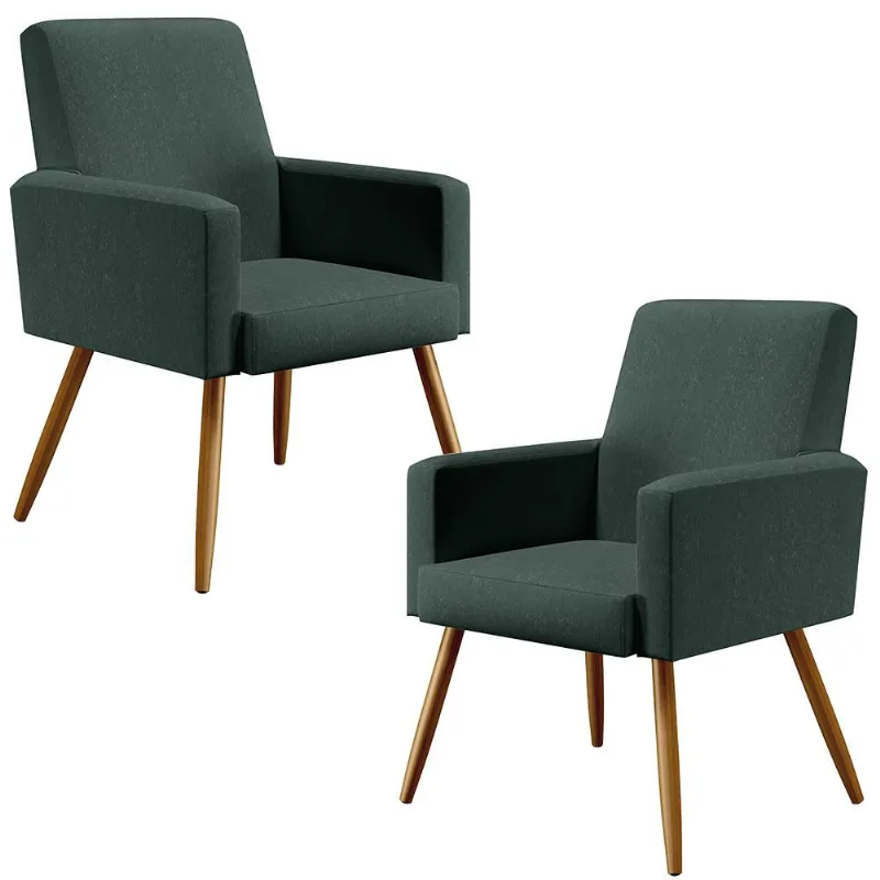 Kit 02 Poltronas Decorativas Para Sala Estar Maria W01 Pés Palito Linho Verde Musgo - Lyam Decor - Lyam Decor