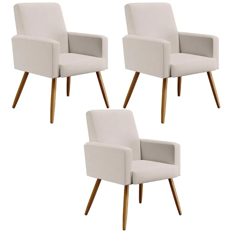 Kit 03 Poltronas Decorativas Para Sala Estar e Recepção Maria W01 Pés Palito Linho Cru - Lyam Decor
